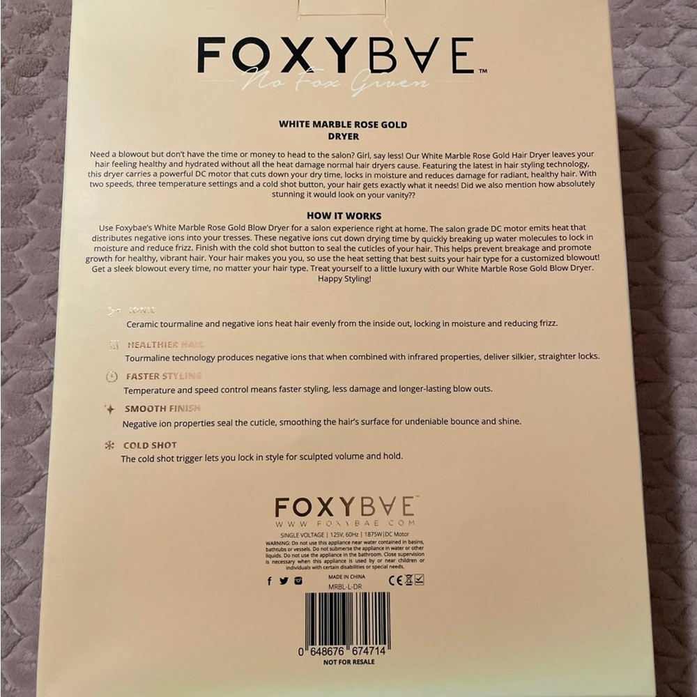 Foxybae White Marble Rose Gold Blow Dryer, Brand New - Picture 3 of 3